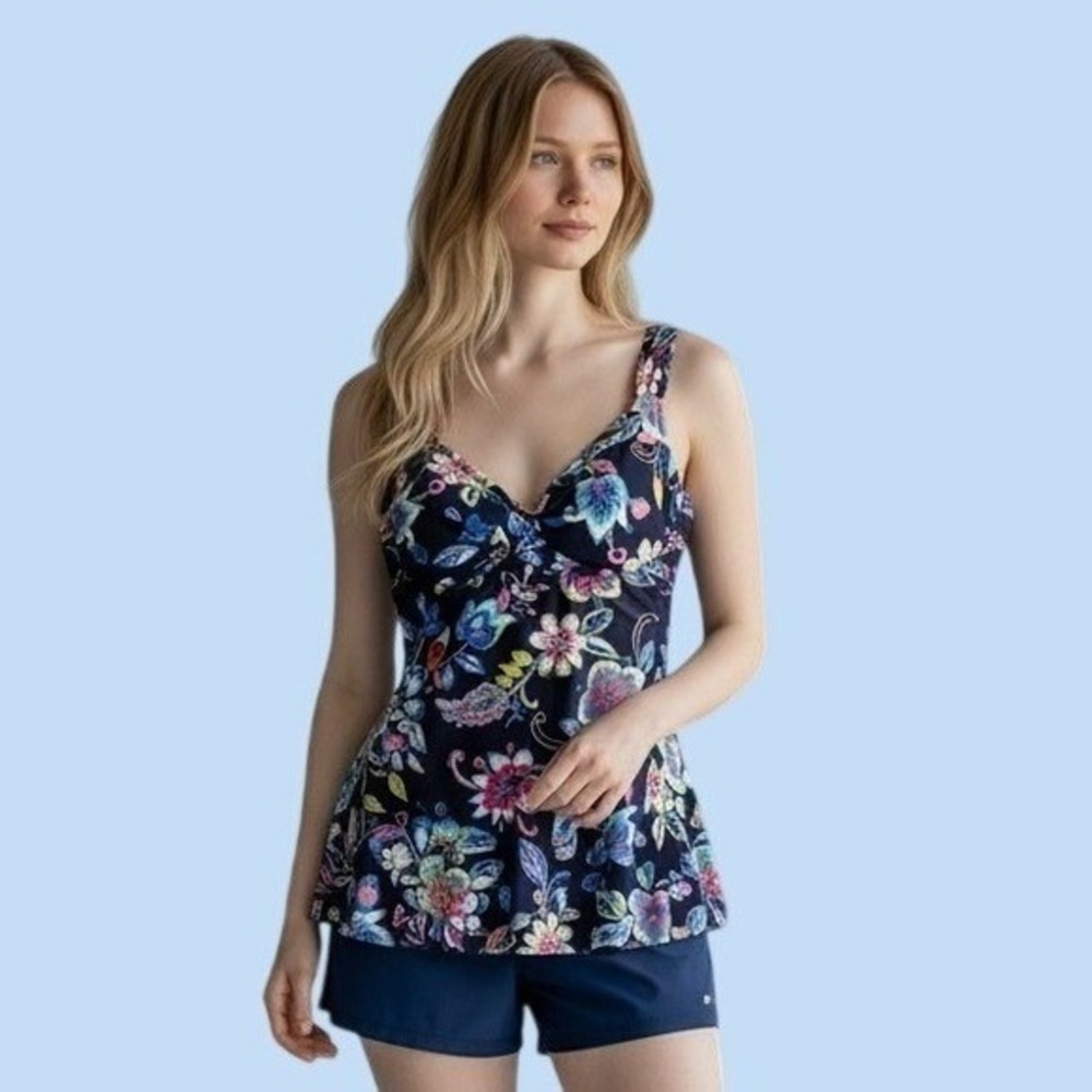 ANNE COLE Swim Tankini NEW size 36D/34DD underwire, blue floral top swimwear NWT